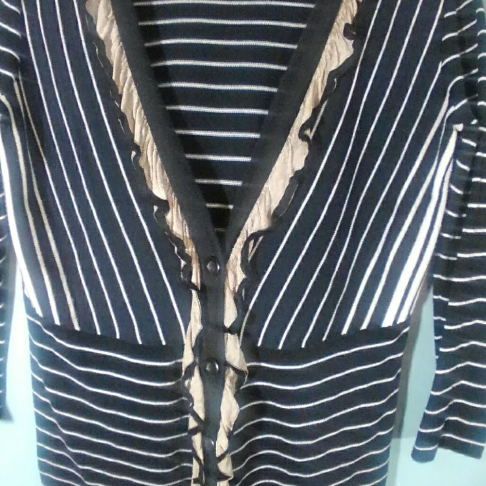 Cabi XS Black Striped Light Weight Knit Button Top